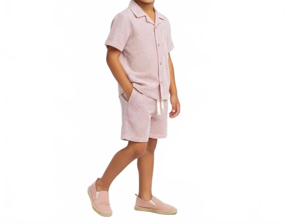 NEW MAKEMAKE ORGANICS boys organic shirt and shorts set in coral stripes